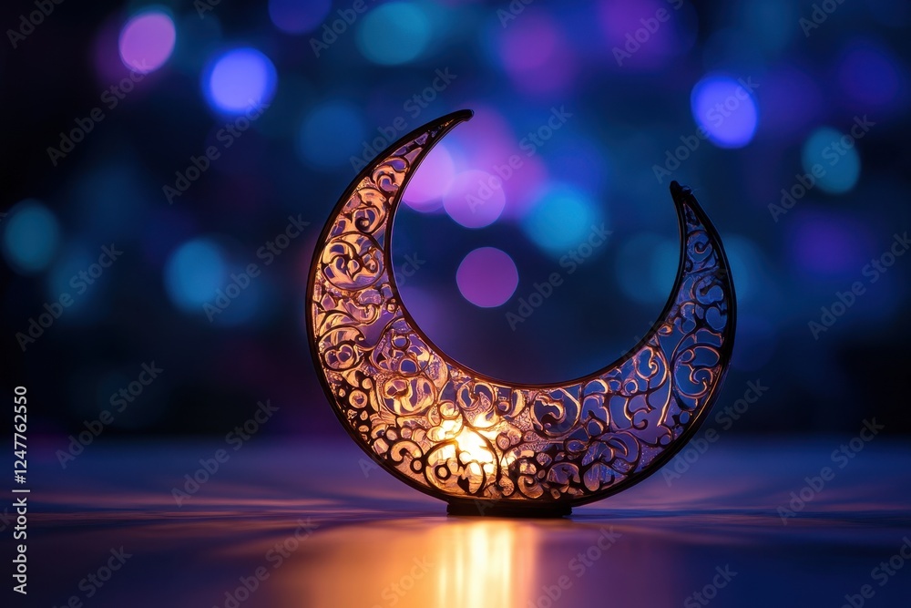 Poster illuminated crescent moon decoration on bokeh background.