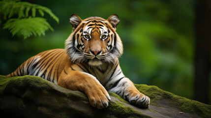Obraz premium Close-Up of Bengal Tiger with Piercing Eyes in Verdant Jungle