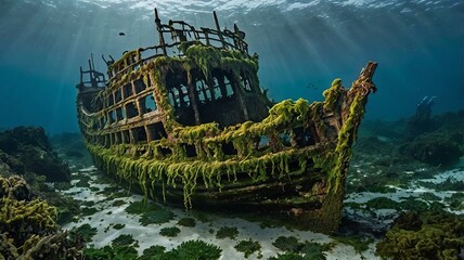 Sunken Shipwreck Covered In Algae Underwater