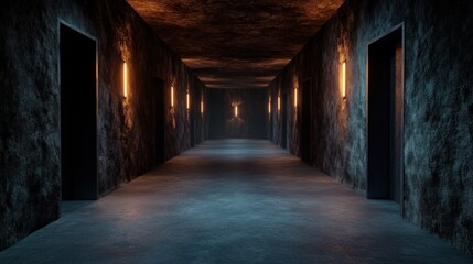 A strikingly atmospheric corridor illuminated by soft light, showcasing unique textures and shadows that create an intriguing and somewhat mysterious environment for exploration.