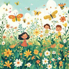 Children Playing Happily in a Vibrant Flower Field