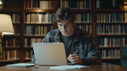 A dedicated student engages deeply with his laptop, taking notes and surrounded by towering bookshelves. The warm glow of a lamp enhances the tranquil atmosphere perfect for studying