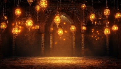 Illuminated ornate hall with hanging lanterns.