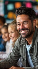 Obraz premium Happy Male Teacher with Students in Classroom Education Learning School Kids Smile
