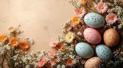 Obraz premium Easter decorations concept Top view vertical photo of colorful Easter eggs, baking molds, and an Easter bouquet on an isolated beige background with copyspace for your text or design.