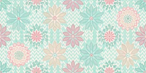 Pastel Floral Pattern with Chevron Background Delicate Hand-Drawn Flowers in a Repeating Design, Ideal for Textile Prints and Surface Decoration