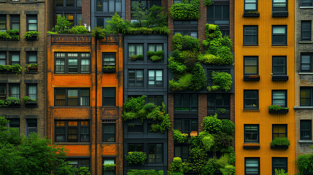 The microstock photo showcases the transformation of old, weathered buildings into modern, energy-efficient, and sustainable structures. Vertical gardens climb the walls, while rainwater collection sy