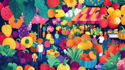 Children Shopping at a Vibrant Farmers Market Filled With Fruits and Vegetables