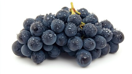 Two bunches of dark-purple grapes with water droplets on a white background.