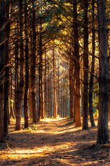 Obraz premium Tranquil Forest Scene with Sunlight Filtering Through Pine Trees Creating a Peaceful Atmosphere