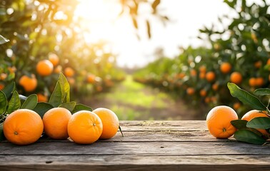 Empty wooden table top with a blurred background of an orange farm on a sunny day for product display montage, with copy space