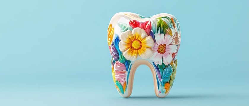 Tooth of Life Concept. A colorful, floral-patterned ceramic tooth figure against a light blue background, symbolizing dental care and creativity.
