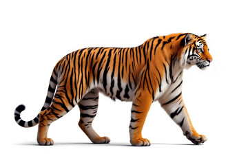 Obraz premium Majestic Bengal Tiger walking gracefully isolated on a white background representing the beauty of wildlife for World Wildlife Day