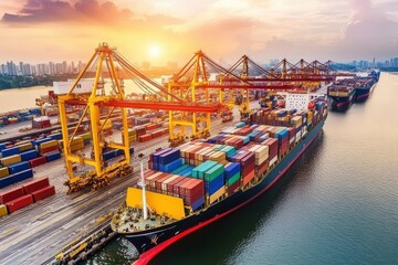 Naklejka premium Logistics and transportation of Container Cargo ship and Cargo plane with working crane bridge in shipyard at sunrise