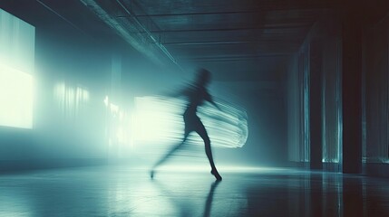 Blurry motion of a dancer performing in a modern, light-filled space