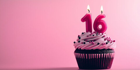Birthday cupcake with pink frosting and candles in the shape of the number 16, celebrate birthday or anniversary