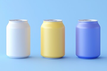 Three colorful soda cans in white, yellow, and blue against a light blue background. 3d rendering cute illustration creative scene.
