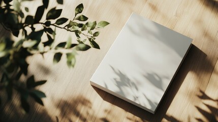 Blank white book mockup on wooden table with plant shadows.