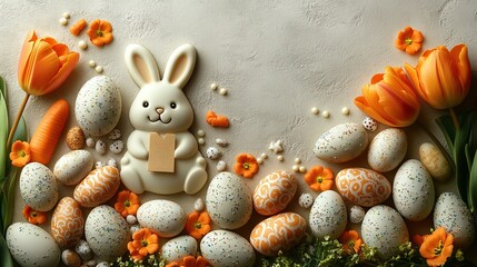 Easter preparation in full swing photo featuring a bunny note, eggs, a baking shape, a bunny, a carrot, sweet sprinkles, tulips all set against a gentle beige background with space for your message.