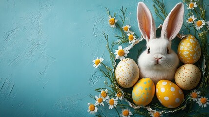 Easter sweetness theme Overhead vertical photo of delightful bunny ears peeking through a broken eggshell, painted eggs and chamomile buds on a teal backdrop designated space for text or ads.
