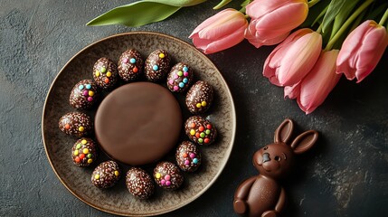 Easter sweet table scene Top view photo of a Happy Easter inscription in a plate alongside split chocolate eggs with colorful candies inside, a chocolate hare and fresh tulips on a wood surface.