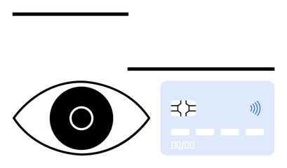 Large eye facing a blue contactless credit card with chip. Ideal for digital security, AI vision, finance, e-commerce, identity verification, biometrics, abstract line flat metaphor