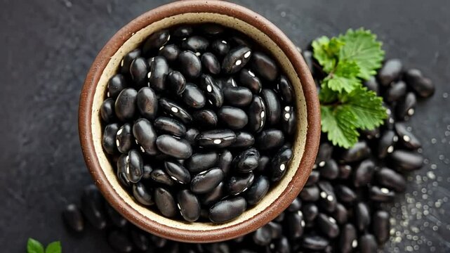 Top view of shiny black beans in a ceramic bowl on a dark background.