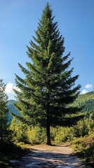 Tall pine tree, forest path, mountain backdrop, sunny day