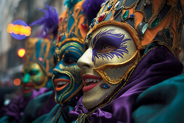 Vibrant Mardi Gras Celebration: Colorful Masks, Costumes, and Festive Energy