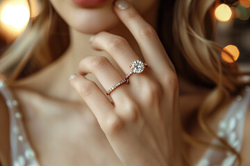 Close-up of a woman's hand showcasing a sparkling engagement ring.