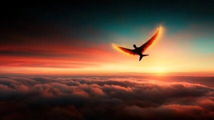 Fototapeta premium A beautiful bird spreads its wings serenely against a vibrant sunrise, capturing a moment of freedom and the awe-inspiring beauty found in nature's daily renewal and transformation.