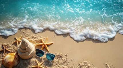 Embark on a dreamy beach holiday with children by the sea. a sandcastle kit, sunglasses, and starfish on an isolated turquoise background with copyspace for an advert or text.