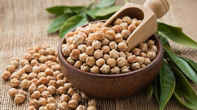 A bowl of dried chickpeas with a wooden scoop on a textured background.