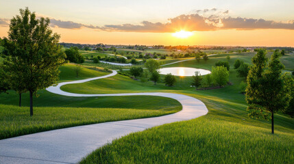 winding path through lush green hills leads to serene pond at sunset, creating peaceful atmosphere