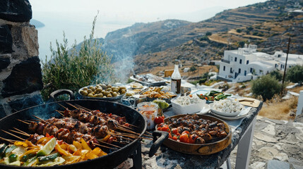 Traditional Greek Barbecue Feast on a Scenic Hillside Overlooking the Aegean Sea