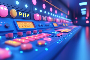 A futuristic control panel with colorful buttons and lights, featuring a prominent 'PHP' label. The scene is illuminated with vibrant blue and pink hues, creating a high-tech atmosphere. 