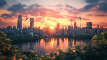 Fototapeta premium Sunset over modern skyline with wind turbines urban landscape nature aesthetics serene view