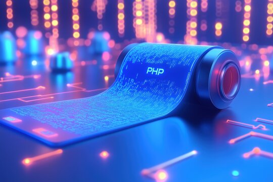 A futuristic representation of PHP programming language, featuring a glowing blue scroll with binary code and the word 'PHP' prominently displayed. The background is filled with abstract digital.