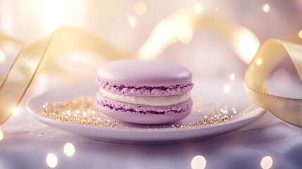 Delicate lavender macaron on a white plate with gold ribbon and glitter, bokeh background.