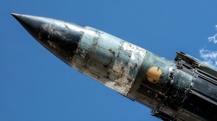 Close-Up View of Vintage Military Missile Against Blue Sky