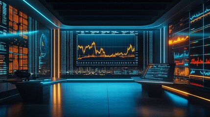 Market analysis dashboard financial center digital display modern office wide angle insightful trends