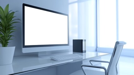 Modern workspace featuring a sleek computer setup, minimalist design, and natural light streaming in