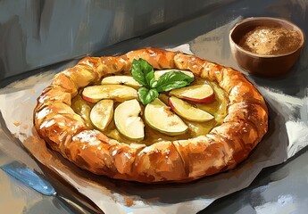 Delicious homemade apple galette with fresh apple slices and mint garnish served with cinnamon sugar in a rustic kitchen setting