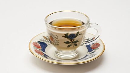 Fototapeta premium A glass teacup with floral design saucer filled with amber tea, on white background.