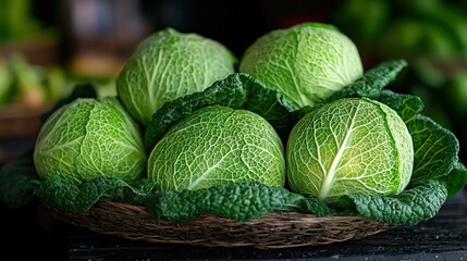Fototapeta premium Fresh cabbages in a basket at a market
