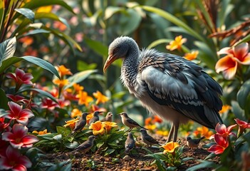 Obraz premium Dodo with Its Chicks in a Jungle Filled with Vibrant Flowers