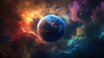 Obraz premium A majestic view of planet Earth surrounded by cosmic clouds and distant stars in deep space