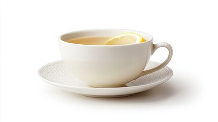 A cup of hot tea with lemon slice on saucer, isolated on white background.