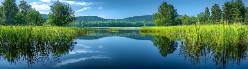 Obraz premium A serene landscape featuring a tranquil lake surrounded by lush green grasses and trees, reflecting the clear blue sky and scattered clouds in the calm water.