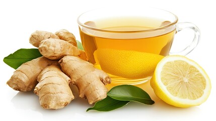 A glass cup of ginger tea with fresh ginger root and lemon slices, isolated on white background.